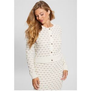 Guess White Long Sleeve Cross Stitch Miya Cardigan with Gold Detailing